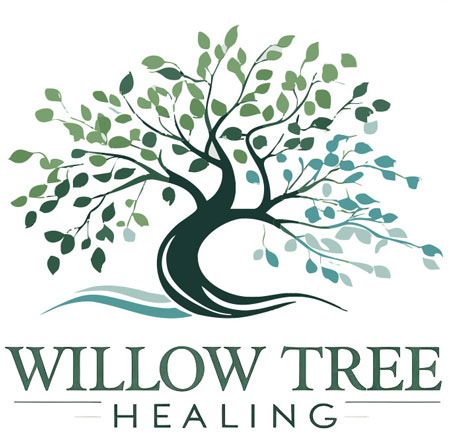 Logo for Willow Tree Healing, featuring a deep green, strong willow tree rooted over blue waves, symbolizing resilience and betrayal trauma therapy
